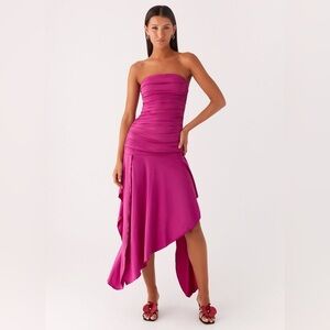 Peppermayo Ora Strapless Maxi Dress Fuchsia Hot Ruched Dress Asymmetrical